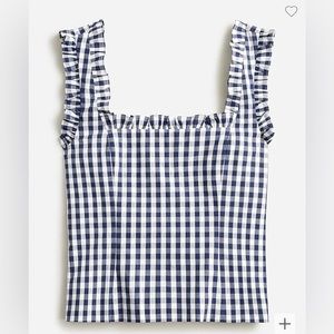 J Crew Ruffle-trim stretch cotton poplin top in gingham XL 12/14/16 navy white